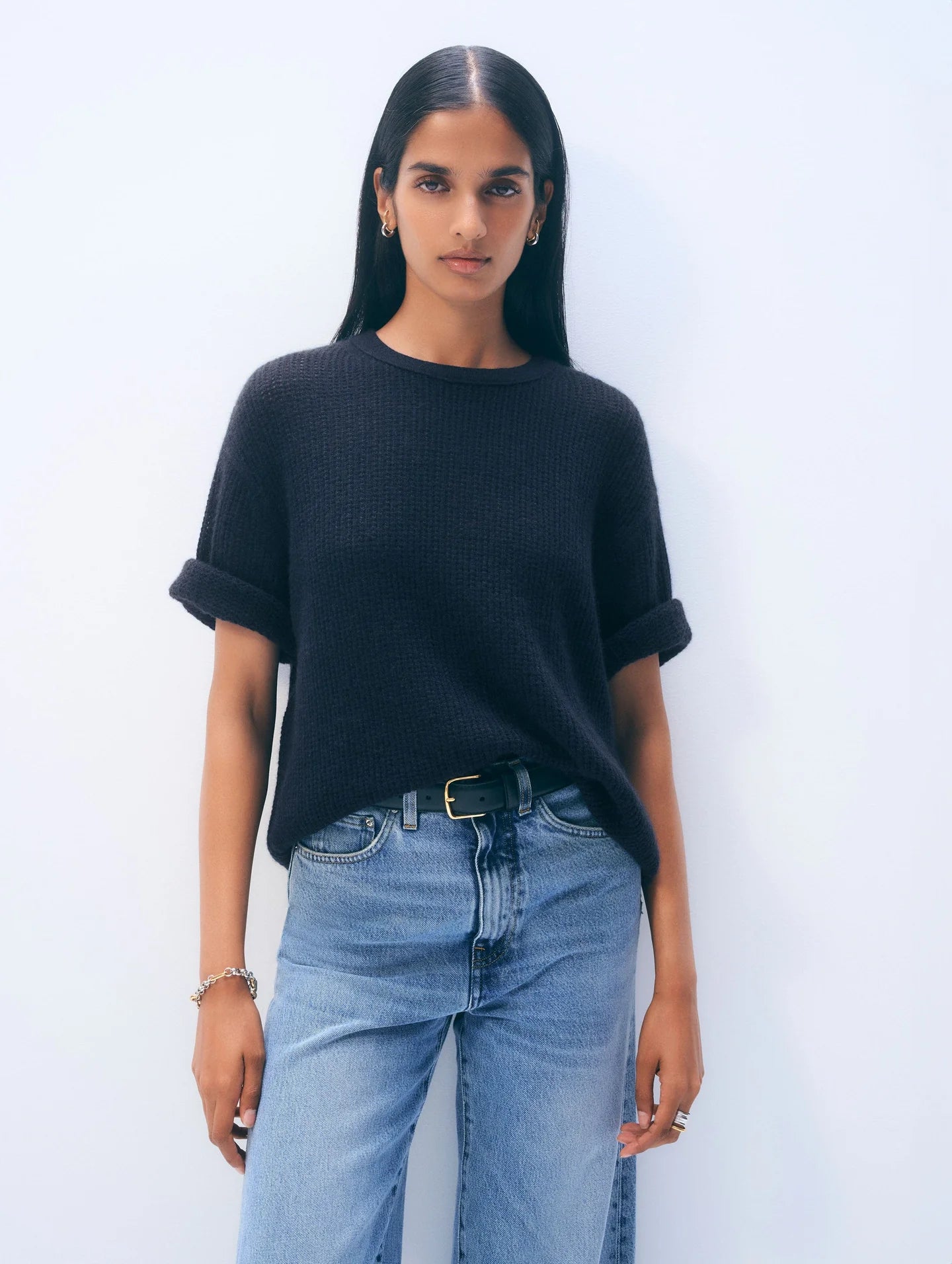 Cashmere Waffle Mesh Tee Navy
