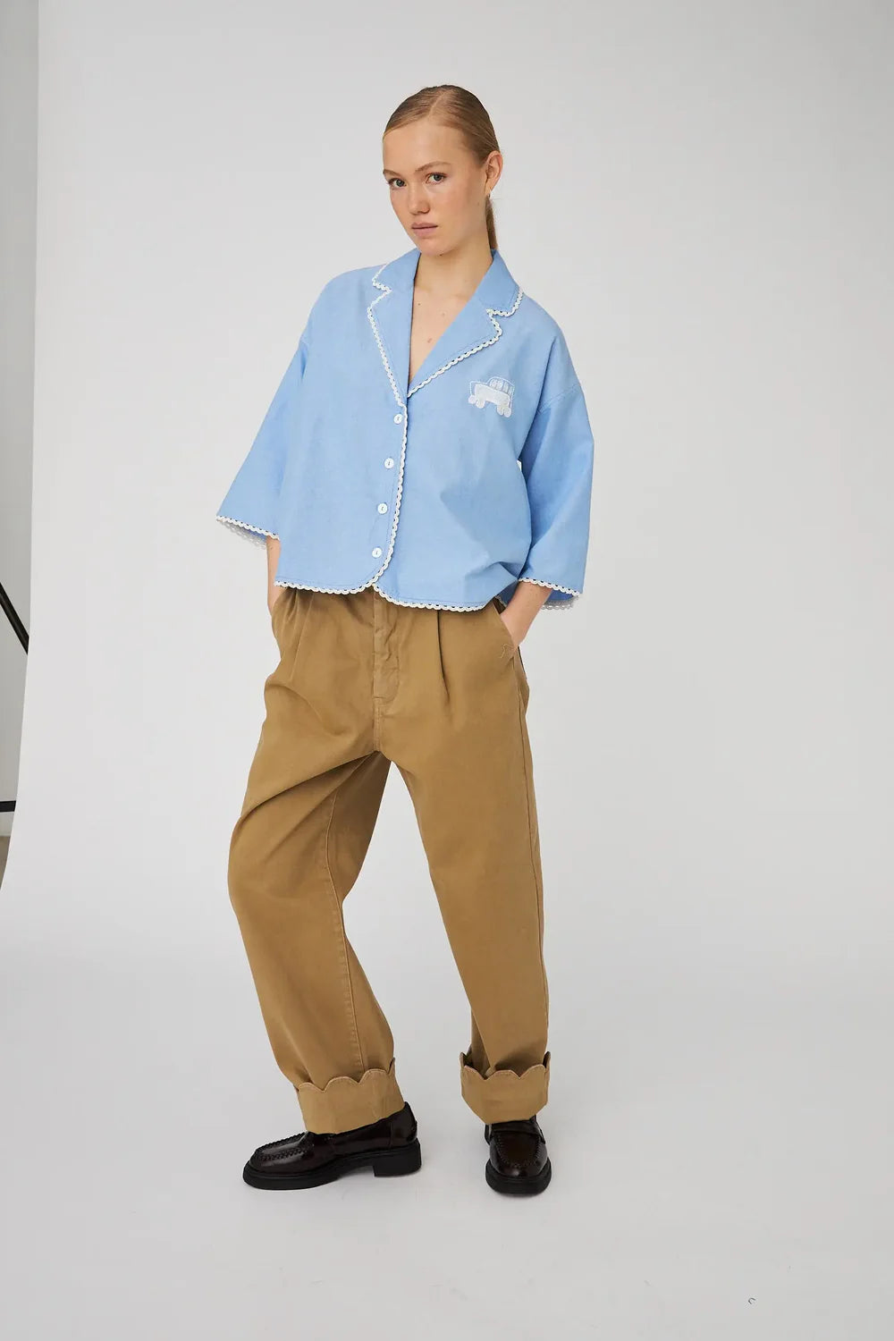 Embroidered School Bus Shirt Light Blue