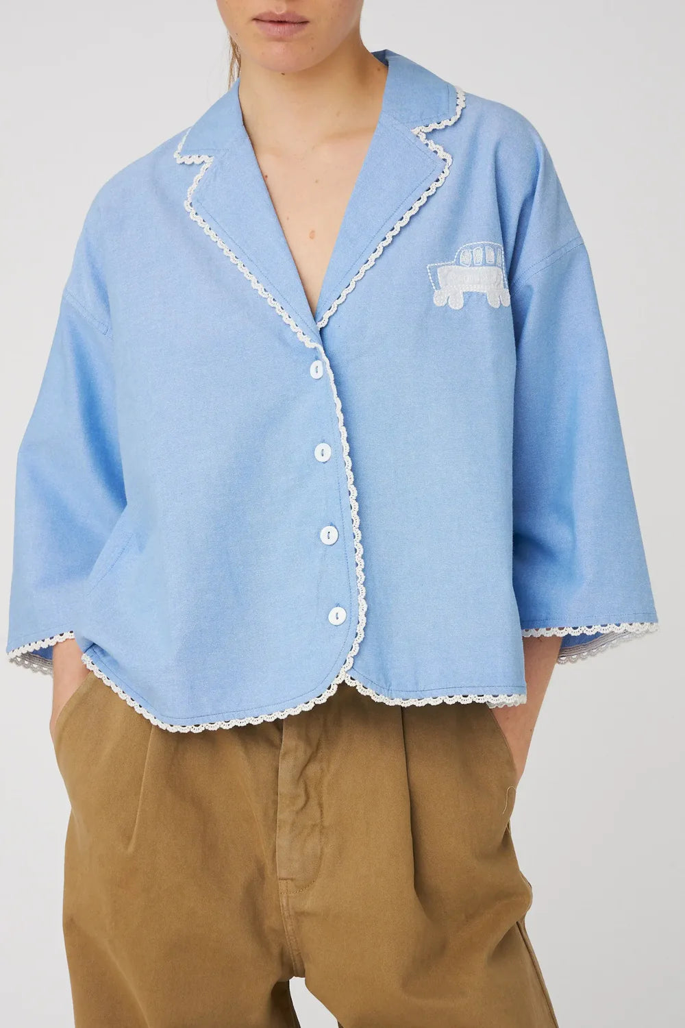 Embroidered School Bus Shirt Light Blue