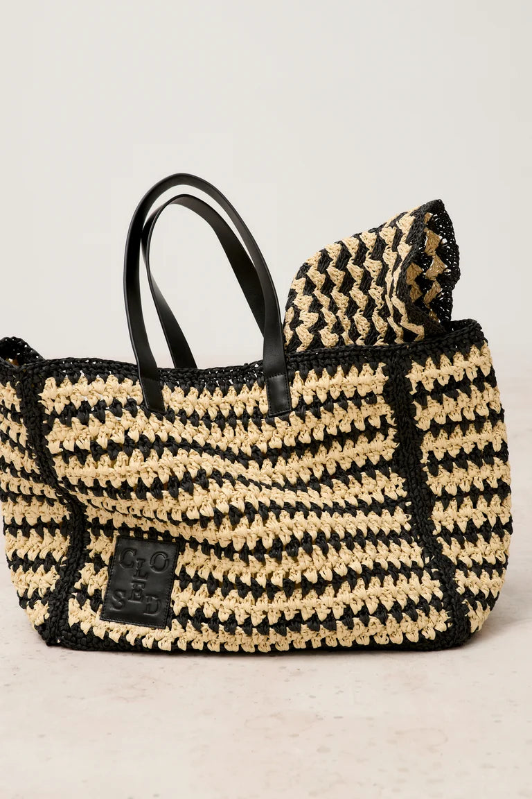 bag raffia zwart/beige