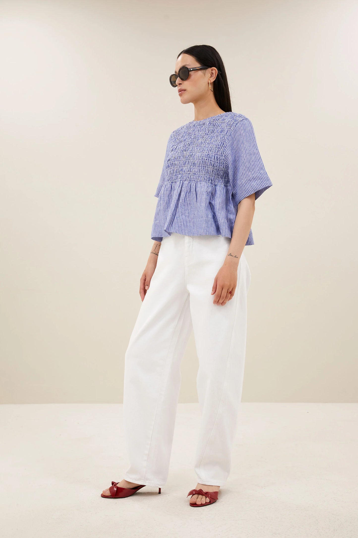 Runa linen stripe top Blue stripe