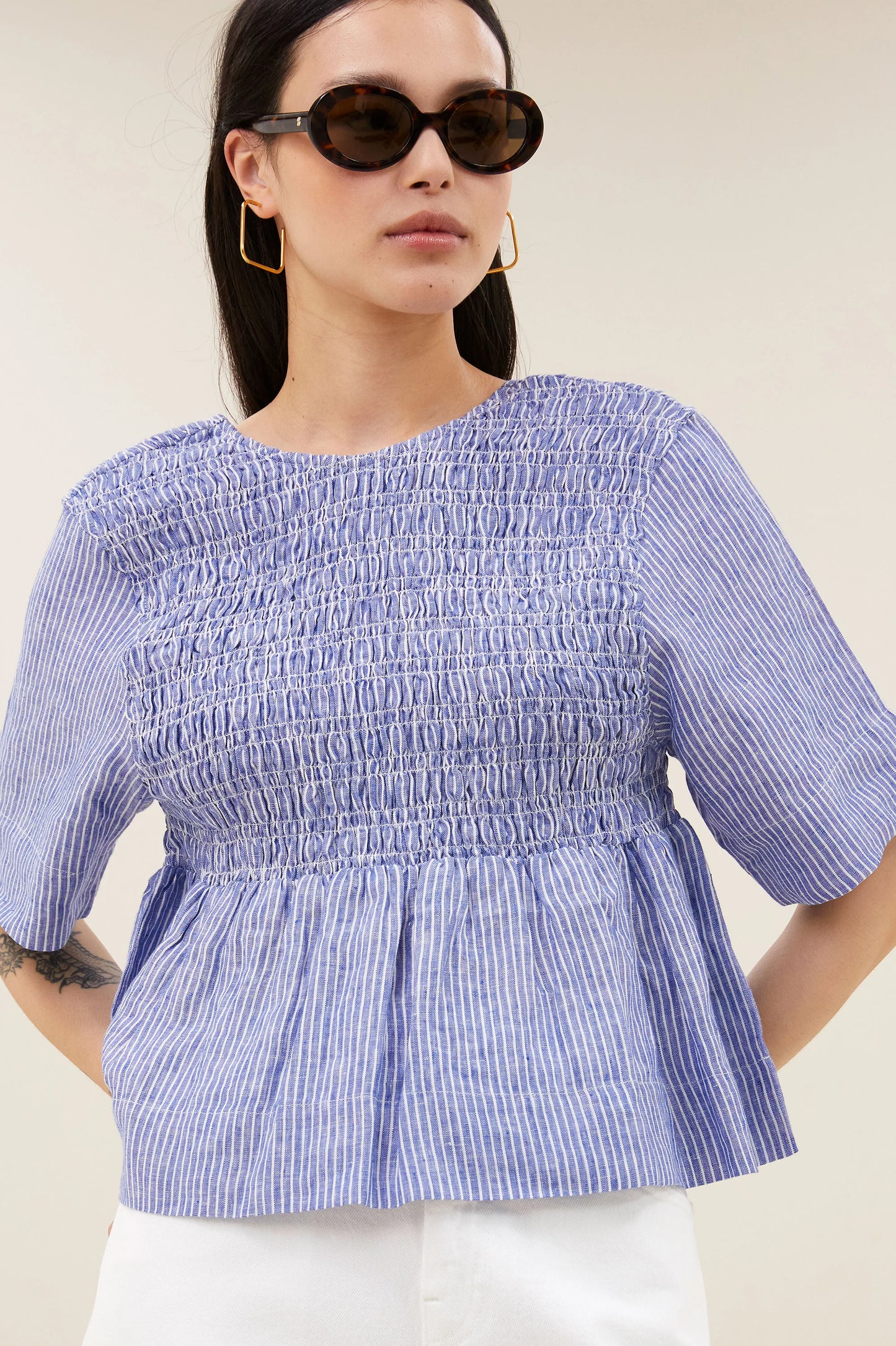 Runa linen stripe top Blue stripe