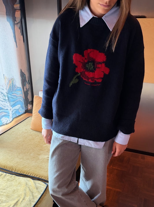 Macaron knitwear pull Navy with poppy print