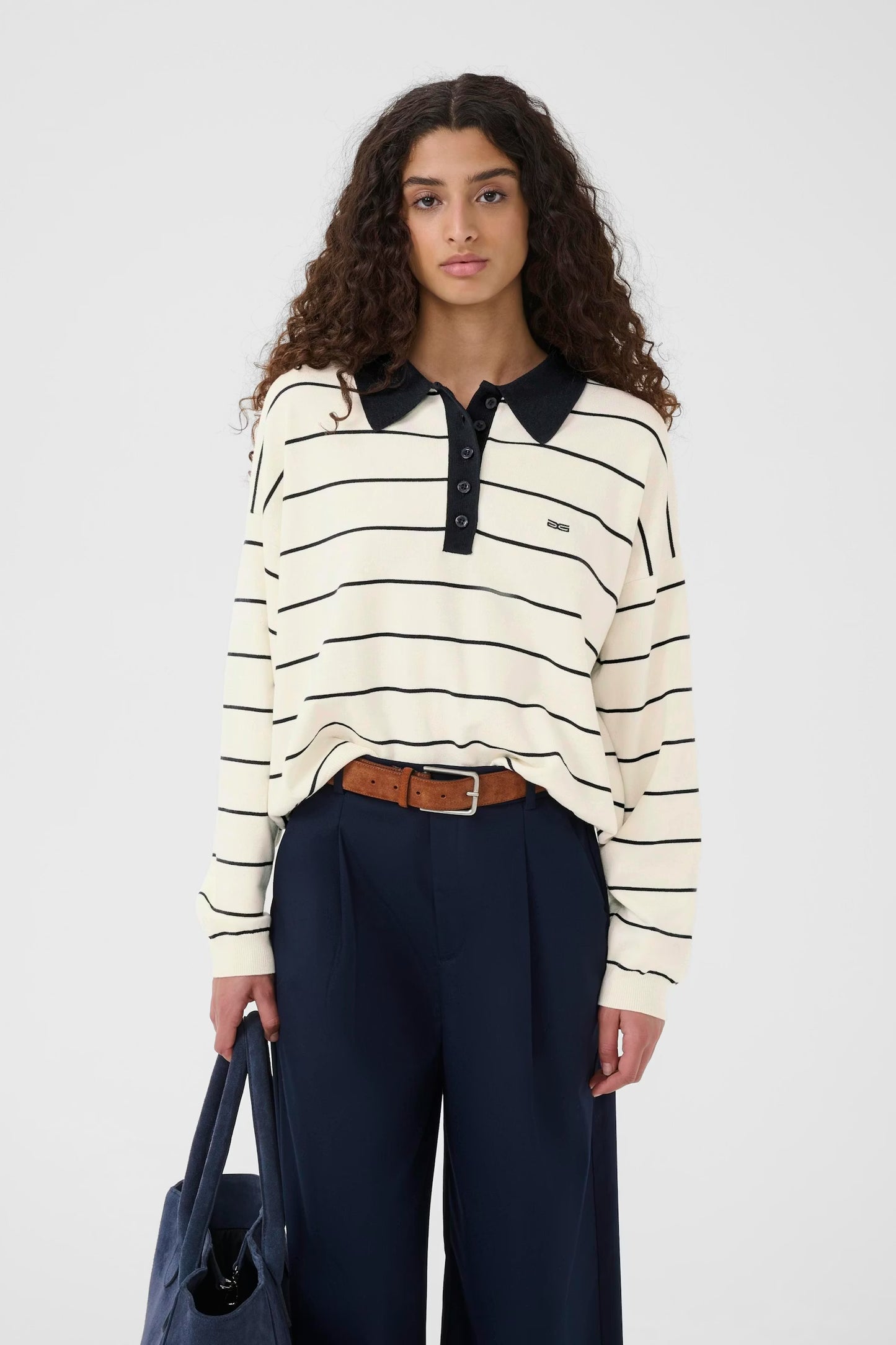 Taige Polo Pullover Ecru with Navy stripe