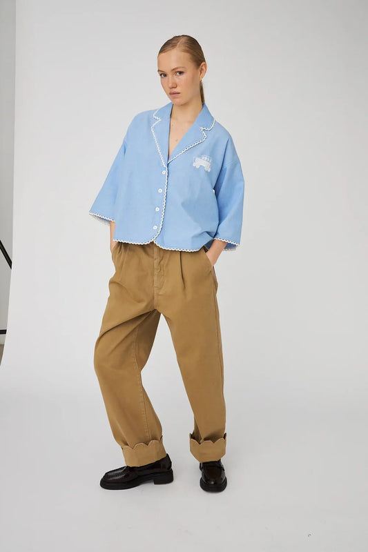Embroidered School Bus Shirt Light Blue