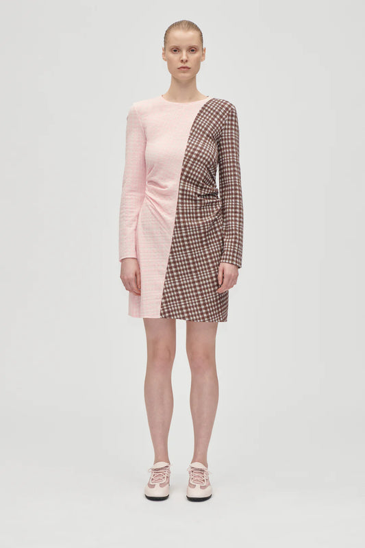Checkered Rushed Dress Brown/pink