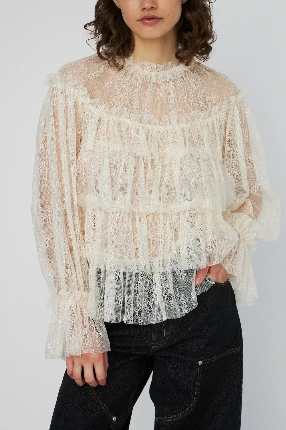 Sheer Frill Lace blouse Creme
