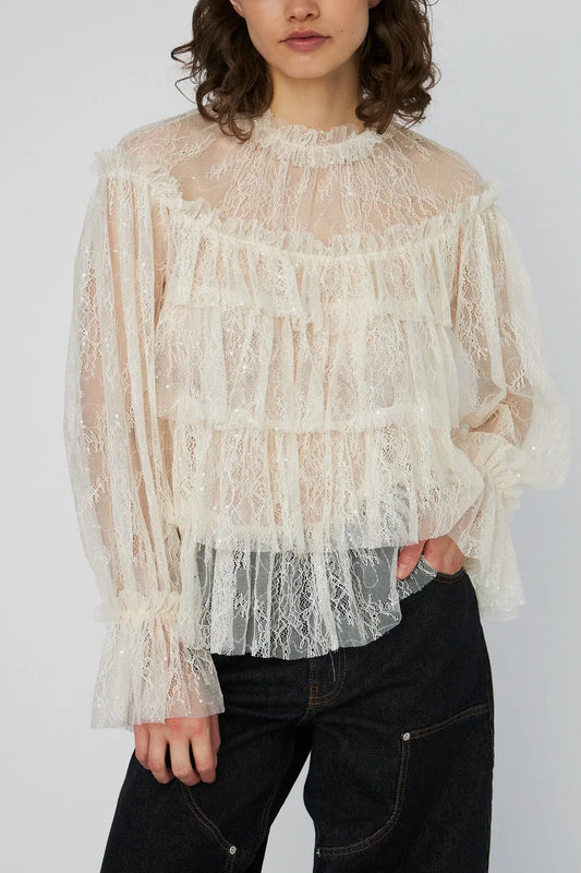 Sheer Frill Lace blouse Creme
