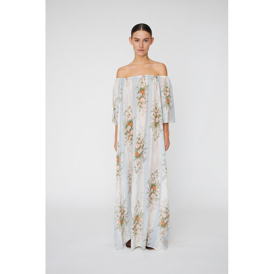 Loose Maxi Dress with drop Shoulders Creme Multicolour Flowers