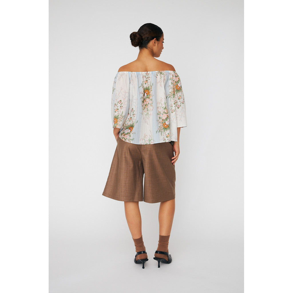 Loose Blouse with drop Shoulders Creme Multicolour Flowers