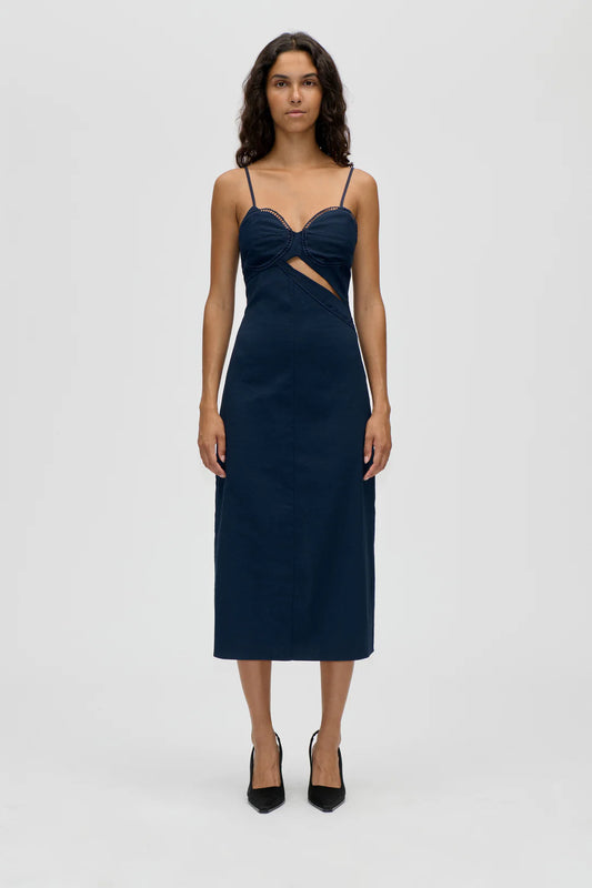 Midi Dress embroidered donker blauw