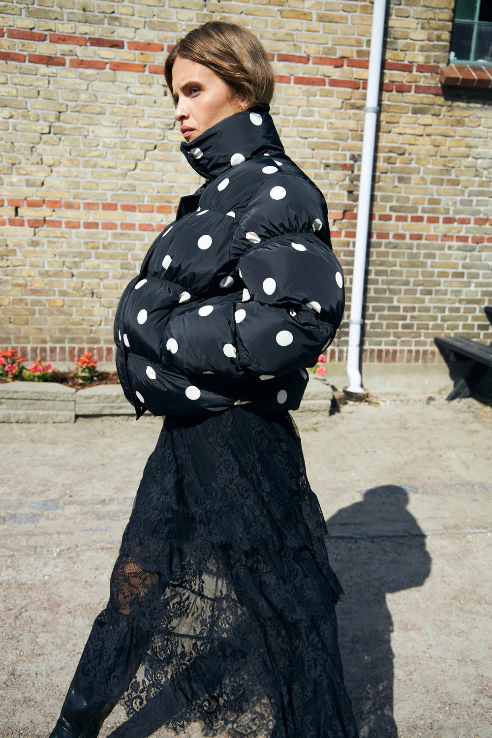 Valenciacras puffer jacket Black white dot