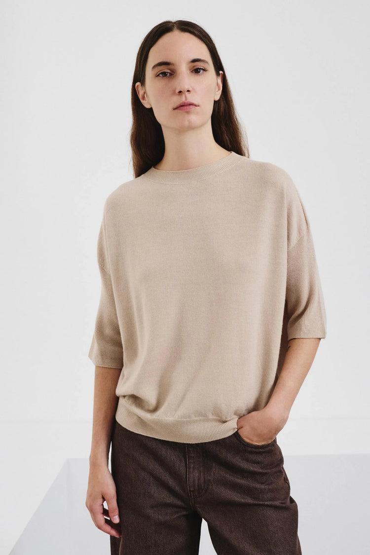 Plain knit wool t-shirt Sand